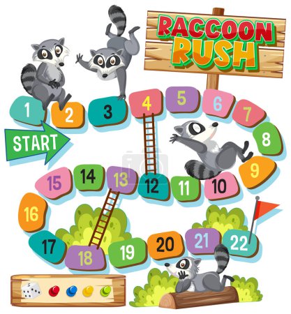 Illustration for Colorful raccoon-themed children's board game layout - Royalty Free Image