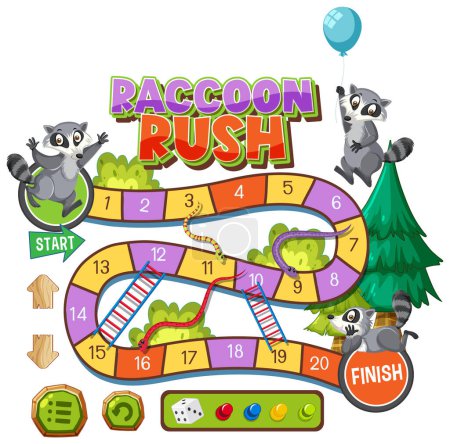 Illustration for Colorful board game with raccoons and playful elements - Royalty Free Image