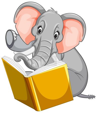 Téléchargez les illustrations : Éléphant mignon engagé dans la lecture d'un livre jaune - en licence libre de droit