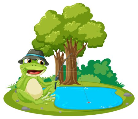 Rana de dibujos animados pesca bajo un árbol junto a un estanque