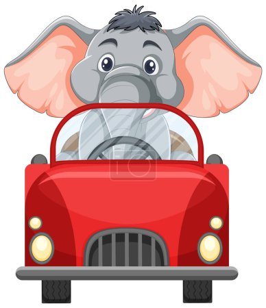 Téléchargez les illustrations : Éléphant de bande dessinée dans une illustration de voiture rouge - en licence libre de droit