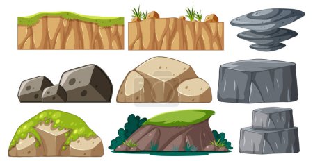 Collection of stylized rocks and boulders with foliage