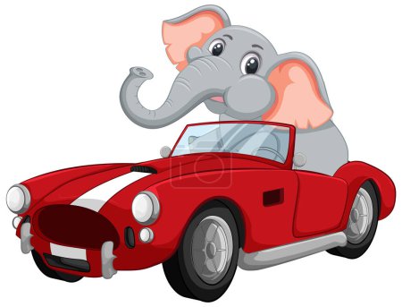 Éléphant de bande dessinée conduisant joyeusement une voiture de sport vintage