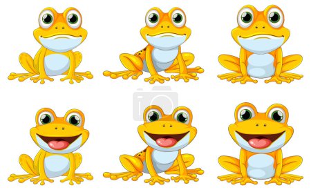 Téléchargez les illustrations : Six grenouilles de dessin animé montrant différentes émotions - en licence libre de droit