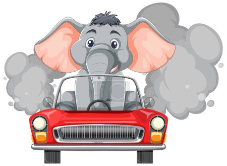 Cartoon elephant in a classic car, smiling