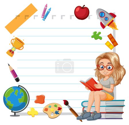 Ilustración de Ilustración de una niña leyendo rodeada de artículos escolares - Imagen libre de derechos