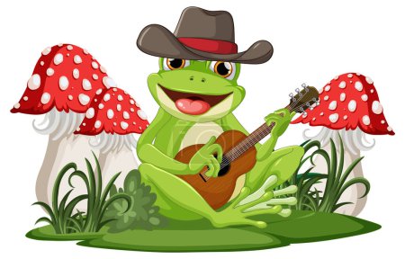 Cartoon frog with guitar sitting under red mushrooms