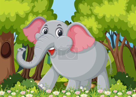 Ilustración de Un elefante feliz entre vibrantes flores del bosque - Imagen libre de derechos