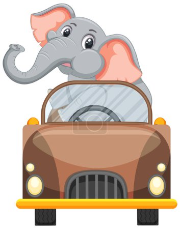 Téléchargez les illustrations : Éléphant de bande dessinée conduisant joyeusement une voiture classique - en licence libre de droit
