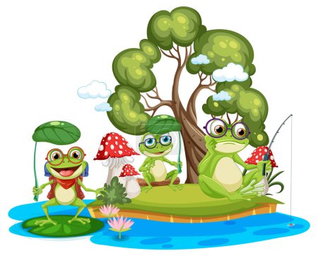 Téléchargez les illustrations : Trois grenouilles avec accessoires près d'un étang - en licence libre de droit