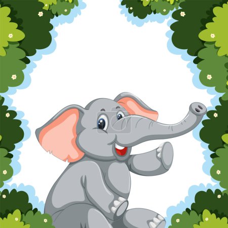 Fröhlicher Cartoon-Elefant umgeben von grünem Laub