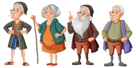 Four elderly cartoon characters standing together