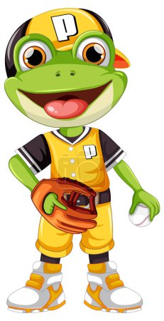 Ilustración de Rana de dibujos animados en uniforme de béisbol sosteniendo la pelota - Imagen libre de derechos