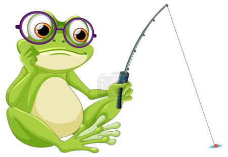 Cartoon-Frosch hält eine Angelrute und sieht niedlich aus
