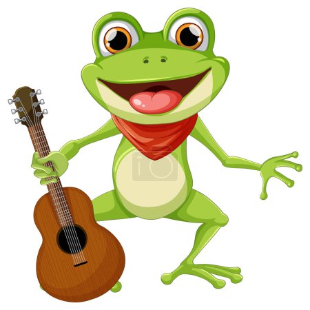 Vector illustration of a happy frog with a guitar