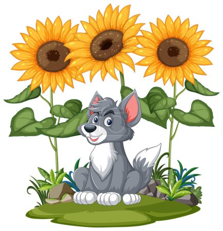Illustration for A cheerful dog sitting by sunflowers - Royalty Free Image