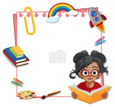Young girl reading surrounded by creative symbols