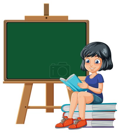 Cartoon girl reading book beside green chalkboard