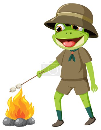 Frog scout roasting marshmallows over campfire