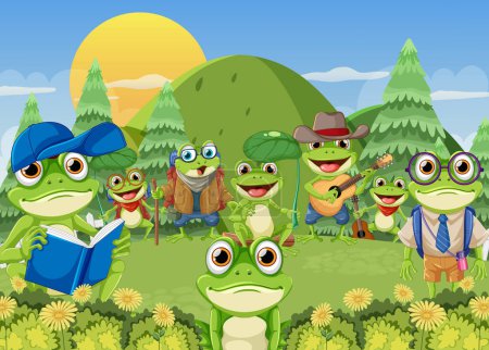 Illustration for Group of frogs in a scenic landscape - Royalty Free Image