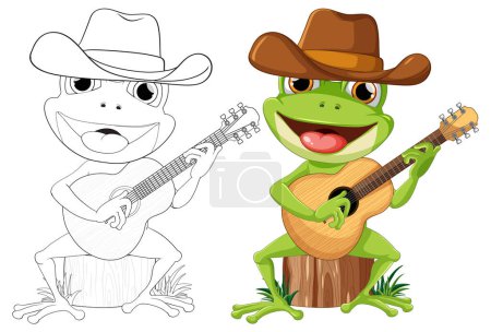 Ilustración de Ilustraciones de ranas de arte colorido y línea con guitarras - Imagen libre de derechos