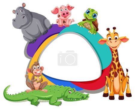 Ilustración de Animales de dibujos animados alrededor de un arco iris vibrante - Imagen libre de derechos