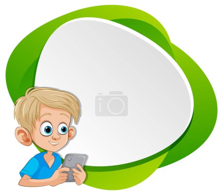 Ilustración de Muchacho de dibujos animados usando una tableta, enmarcada por la forma verde - Imagen libre de derechos