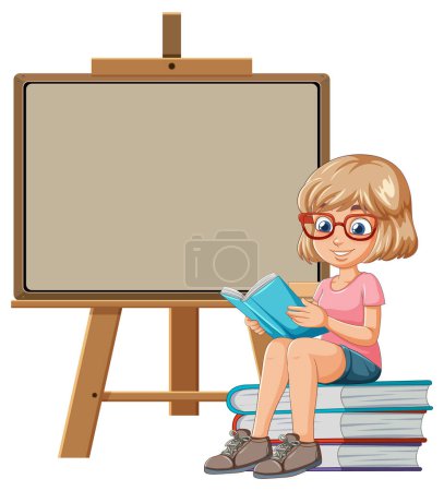 Cartoon girl reading a book seated on books