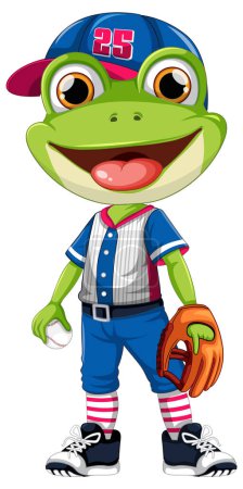 Illustration for Frog in baseball uniform holding ball and glove - Royalty Free Image