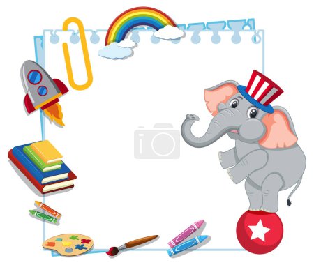 Colorful illustration of elephant with educational toys