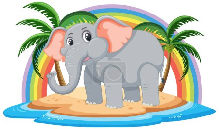 Téléchargez les illustrations : Éléphant de bande dessinée sur une île tropicale dynamique - en licence libre de droit