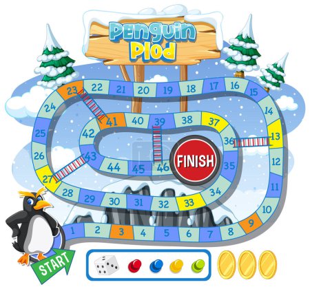 Colorful board game layout with penguin and dice