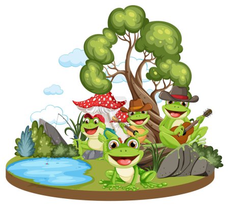 Illustration for Cartoon frogs playing music and fishing outdoors - Royalty Free Image