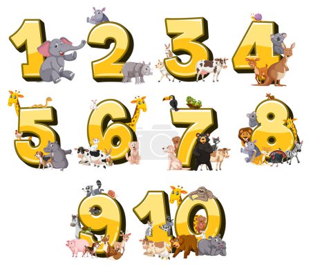 Téléchargez les illustrations : Numéros colorés avec divers animaux de dessin animé - en licence libre de droit