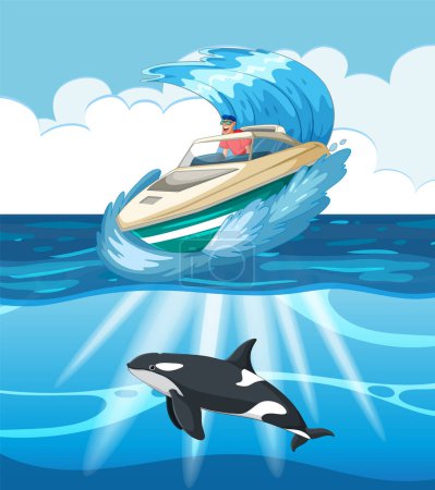 Ilustración vectorial de un barco y orca en el mar