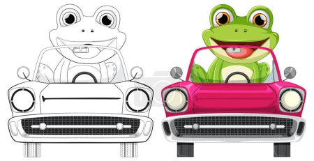 Ilustración de Rana de dibujos animados felizmente conduciendo un coche rosa vibrante - Imagen libre de derechos