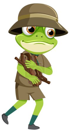 Frog in explorer outfit holding wood
