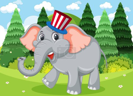 Ilustración de Cartoon elephant with a striped hat in the woods - Imagen libre de derechos