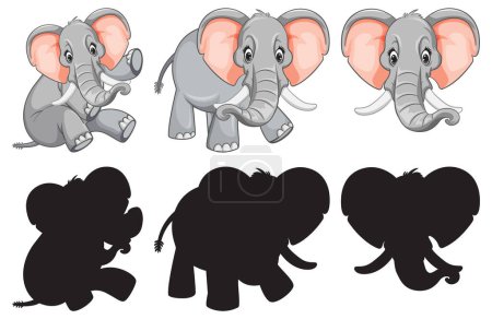 Téléchargez les illustrations : Illustrations vectorielles d'éléphants dans des actions ludiques - en licence libre de droit