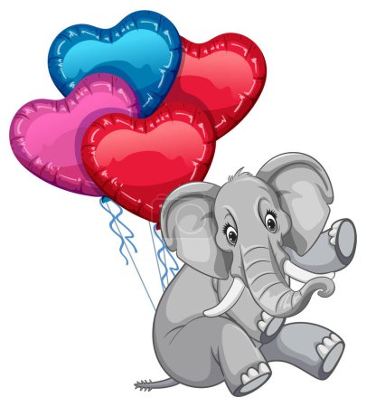 Illustration for Cute elephant holding vibrant heart-shaped balloons - Royalty Free Image