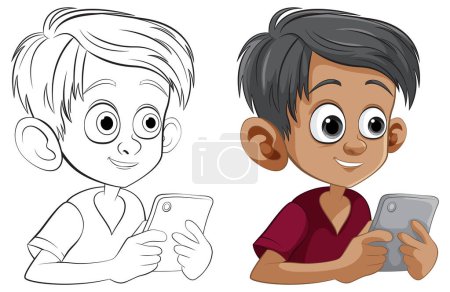 Two boys using smartphones, colorful and line art
