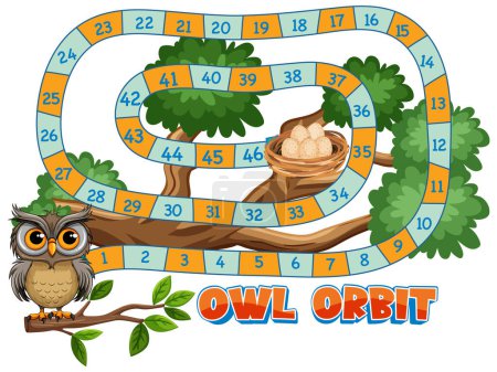 Colorful board game track with owl and trees