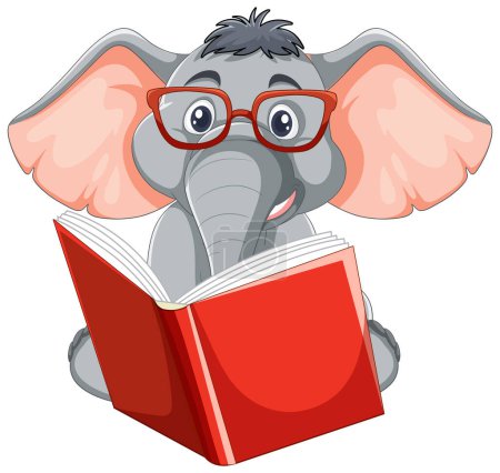 Zeichentrick-Elefant mit Brille liest ein Buch