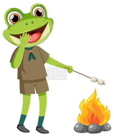 Frog enjoying marshmallows at a campfire