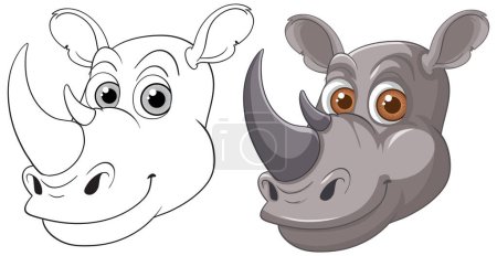 Ilustración de Rinoceronte sonriente en color y versiones de contorno - Imagen libre de derechos