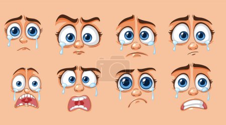 Nueve caras de dibujos animados que muestran diferentes emociones