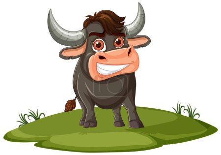 Happy bull standing on green grass