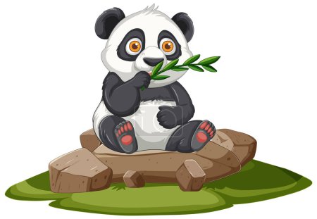 Adorable panda sitting on rocks eating bamboo