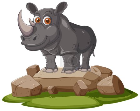 Smiling rhino standing on rocks and grass