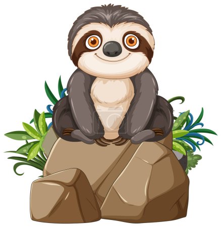 Smiling sloth sitting on rocks with plants